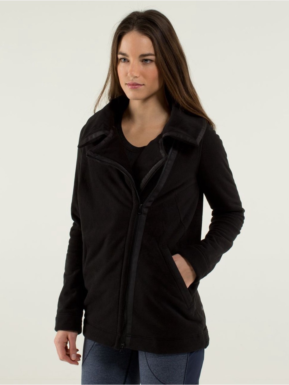 Lululemon Women's Black Moto Jacket Asymmetric Zip Jacket Size 10 Fleece Cozy